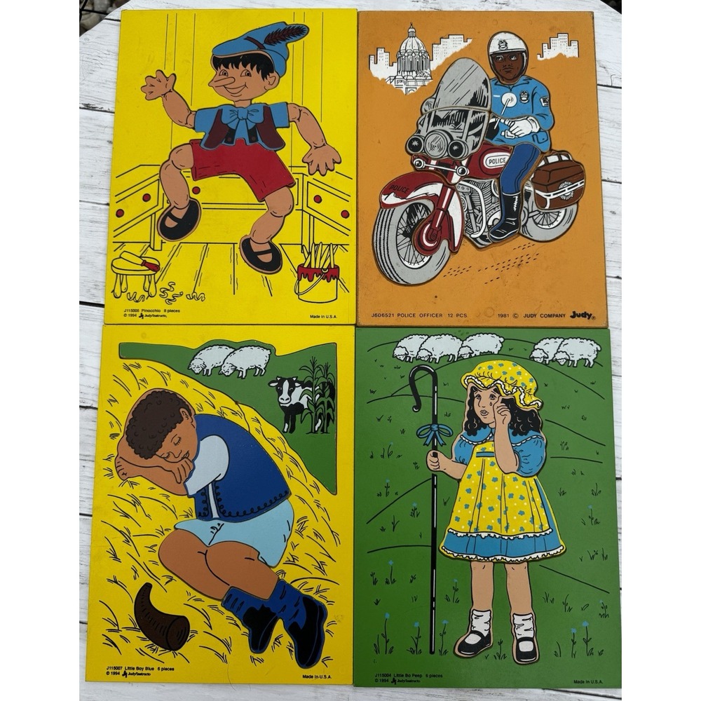 Lot of 4 Vintage Wood Judy Puzzles, Police Pinocchio Lil Bo Peep Lil' Boy Blue
